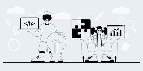 A team that specializes in SEO . trendy exemplar in a analogue manner. Trendy style, Vector Illustration