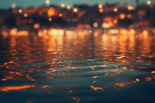 Water and city lights out of focus. Bokeh effect. Generative AI.