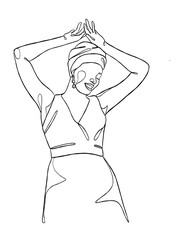 Continuous one line drawing of black woman with turban. Vector illustration.