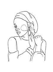 Continuous one line drawing of black woman with turban. Vector illustration.