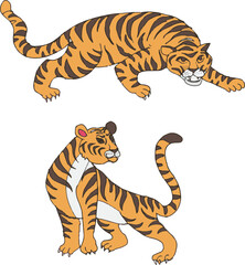 Set of adult big tiger wildlife and cartoon animal design flat vector illustration isolated on white background