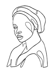 Continuous one line drawing of black woman with turban. Vector illustration.