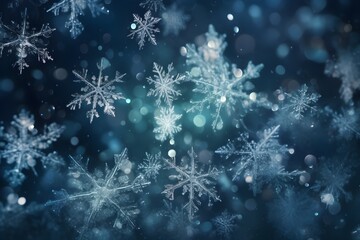 Winter dark blue background with snowflakes. Abstract magic wallpaper, beautiful pattern. Heavy snowfall effect. Art illustration. Mockup with copy space. Falling Christmas snow. Image is AI generated