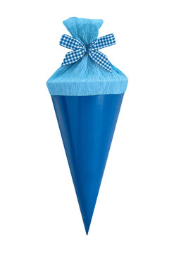 Blaue Schult&uuml;te f&uuml;r den ersten Schultag und Hintergrund transparent PNG cut out
