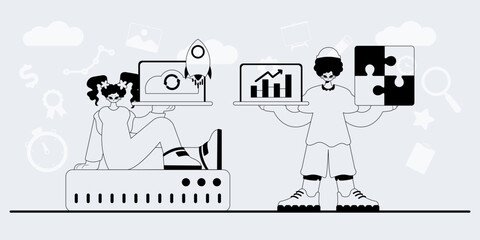 A team that specializes in SEO . trendy exemplar in a analogue manner. Trendy style, Vector Illustration