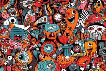 Obraz premium Kawaii doodle monsters, city, cat, robot for child coloring books, Generative AI