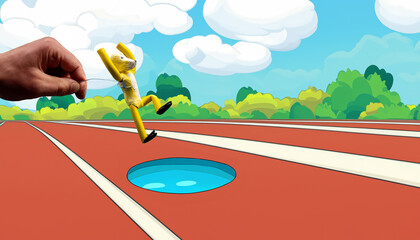 Hand holding with a wire a figure made by hand with plasticine jumping a puddle of water on an...