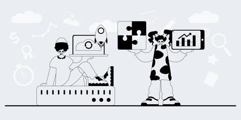 A team that specializes in SEO . trendy exemplar in a analogue manner. Trendy style, Vector Illustration