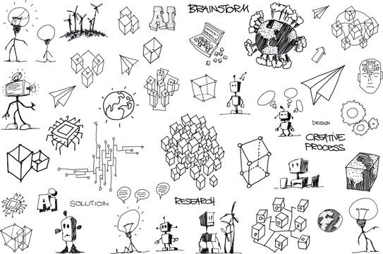 hand drawn architectural sketches of artificial intelligence topics and robots and future and science topics and machine learning and circuits