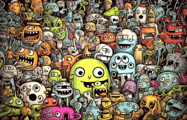 Obraz na płótnie Canvas Kawaii doodle monsters, city, cat, robot for child coloring books, Generative AI