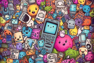 Obraz premium Kawaii doodle monsters, city, cat, robot for child coloring books, Generative AI