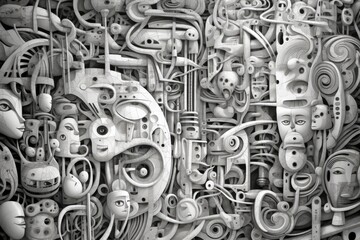 Kawaii doodle monsters, city, cat, robot for child coloring books, Generative AI