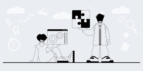 A team that specializes in SEO . trendy exemplar in a analogue manner. Trendy style, Vector Illustration