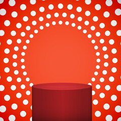 product podium display 3d red color Empty Cylinder circle in polka dot pattern background