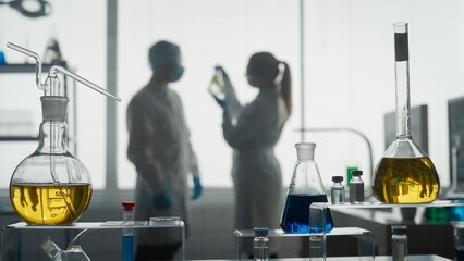Modern medical research laboratory. Two scientists working together analyze a plant sample in an...