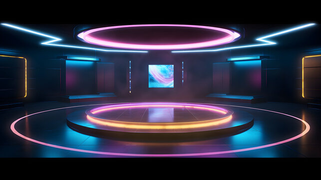 Sci-fi Style Room Dark Room With Colorful Lights. Round / Circular Room With Ring Shaped Spectrum Colored Lights Around A Hologram Or Teleportation Device. Wide Format.