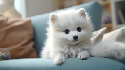 white raccoon dog silently sitting on the couch and looking in the camera. cute white dog sitting in house close up shot. generative ai
