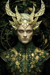 A Norse god Loki with horns on her head in a green and gold costume. Generative AI image. - obrazy, fototapety, plakaty