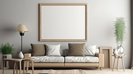Fototapeta na wymiar Modern Home Decoration with a White Canvas Frame against a Scandinavian Living Room Background.