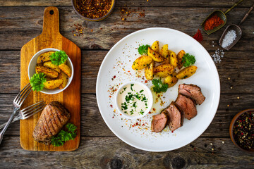 Grilled pork loin steaks with fried potatoes on wooden table
