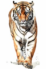 Tigre sur fond blanc, dessin façon aquarelle d'un animal, illustration ia générative
