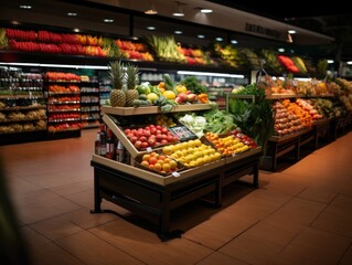 A large supermarket has a wide aisle full of fruit and vegetables, bright lighting from bulbs. Generative AI
