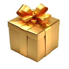 Obraz premium A realistic 3D of a golden gift box, adorned with a shimmering ribbon. Generative AI
