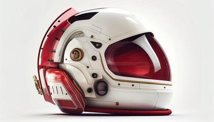 Red astronaut helmet, realistic astronaut helmet with clear glass for space exploration and flight in cosmos. White suit part for protection spaceman head. Generative AI.