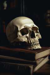 Human skull on stack of books, generative ai