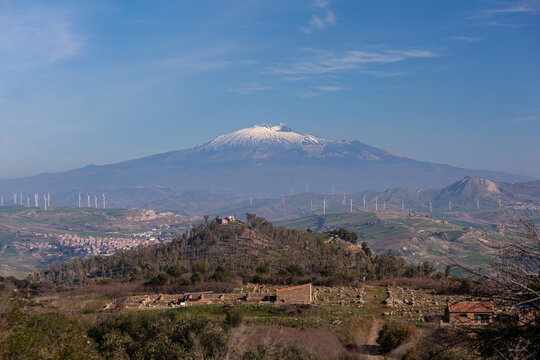 Etna and the panoramic view of the ancient greek city of Morgantina, in Sicily