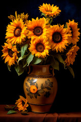 Clay vase filled with yellow sunflowers. Generative AI