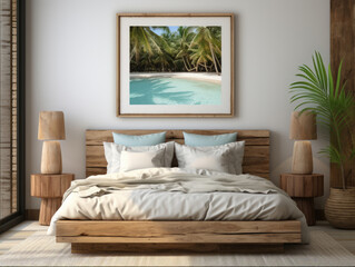 Mockup frame in bedroom interior background Coastal, Mockups Design 3D, High-quality Mockups, Generative Ai