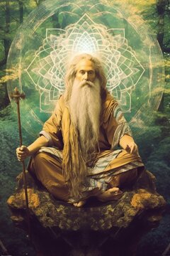 A wisdom god-like old man with a long white beard sitting on a rock. Generative AI image.