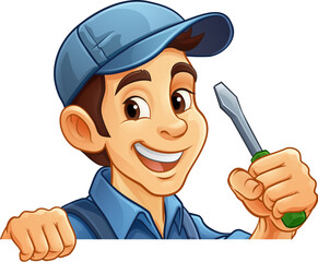 An electrician handyman or other construction cartoon mascot man holding a screwdriver tool.