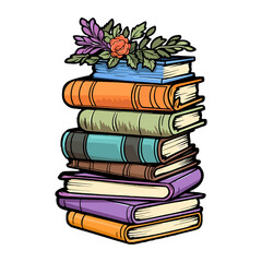 Hand Drawn pile of books, sticker of a cartoon stack of books.