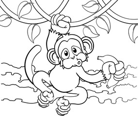 A monkey cartoon character singing on jungle vines with banana