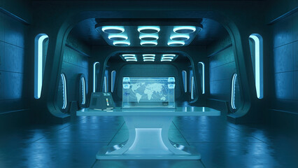 Fantasy futuristic space station science lab with computer screen on a desk. 3D rendering. © IG Digital Arts