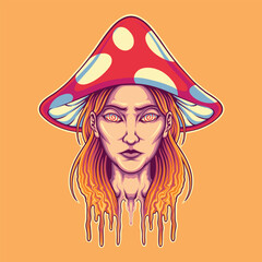 trippy girl magic mushroom head illustration