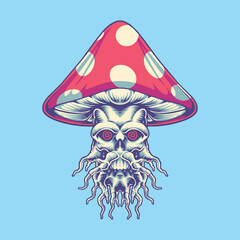 trippy skull magic mushroom illustration