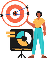 The guy holds in his hand a target with arrow that hit the center. Trendy style, Vector Illustration