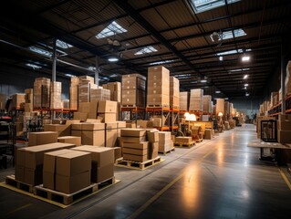 Obraz premium A large warehouse with multiple stacks of boxes, parcels, and merchandise is illuminated by a hanging lamp. Generative AI