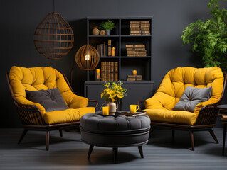 Elegant dark grey interior with bright yellow, Mockups Design 3D, High-quality Mockups, Generative Ai