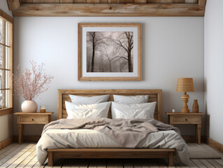 Frame Mockup In Farmhouse Bedroom Interior, Mockups Design 3D, High-quality Mockups, Generative Ai