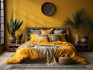 Mock up poster Mustard Color Bedroom Interior, Mockups Design 3D, High-quality Mockups, Generative Ai