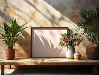 Mockup frame in Nomadic style interior background, Mockups Design 3D, High-quality Mockups, Generative Ai