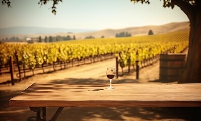 Wooden Table for Product Display in Grape Farm, Autumn with Blurred Background Generative AI illustrations