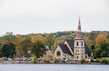 The famous three churches of Mahone Bay near to Lunenburg. Taken in Mahone Bay, Canada, 10.2022.