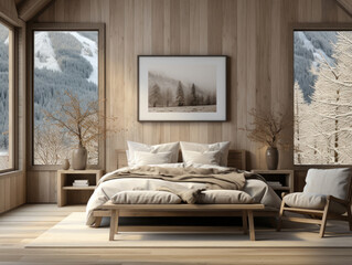 Scandinavian farmhouse bedroom interior wall mockup, Mockups Design 3D, High-quality Mockups, Generative Ai