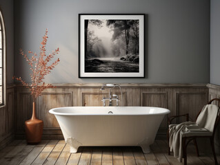 Fototapeta na wymiar Poster Mockup in cozy Nomadic Bathroom Interior, Mockups Design 3D, High-quality Mockups, Generative Ai
