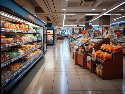 an inside of a supermarket with a variety of products, a long corridor, and light bulbs on the ceiling. Generative AI